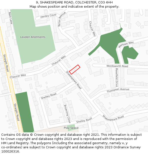 9, SHAKESPEARE ROAD, COLCHESTER, CO3 4HH: Location map and indicative extent of plot