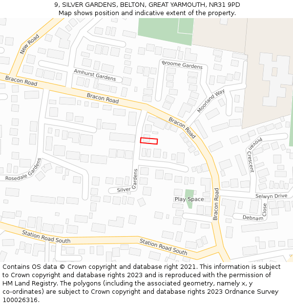 9, SILVER GARDENS, BELTON, GREAT YARMOUTH, NR31 9PD: Location map and indicative extent of plot