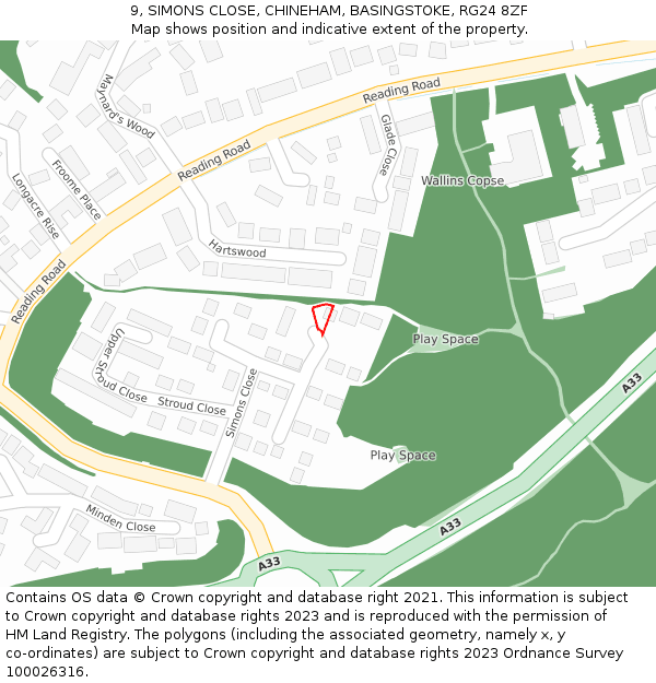 9, SIMONS CLOSE, CHINEHAM, BASINGSTOKE, RG24 8ZF: Location map and indicative extent of plot