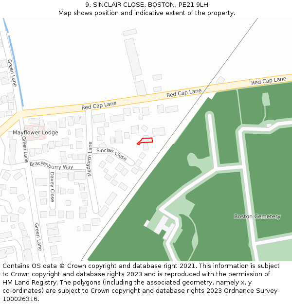 9, SINCLAIR CLOSE, BOSTON, PE21 9LH: Location map and indicative extent of plot