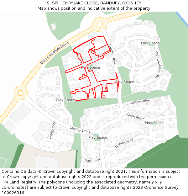 9, SIR HENRY JAKE CLOSE, BANBURY, OX16 1EY: Location map and indicative extent of plot