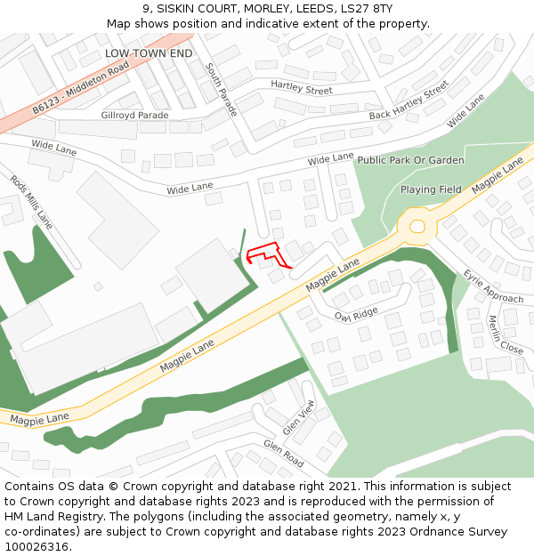 9, SISKIN COURT, MORLEY, LEEDS, LS27 8TY: Location map and indicative extent of plot