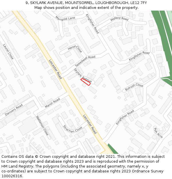 9, SKYLARK AVENUE, MOUNTSORREL, LOUGHBOROUGH, LE12 7FY: Location map and indicative extent of plot