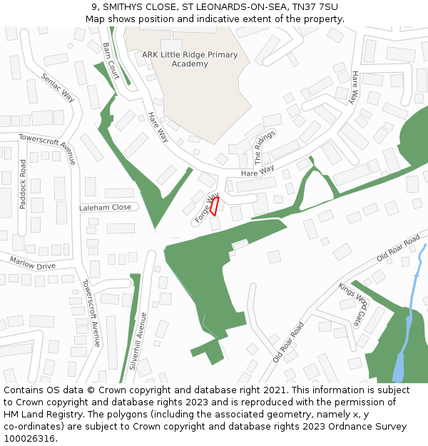 9, SMITHYS CLOSE, ST LEONARDS-ON-SEA, TN37 7SU: Location map and indicative extent of plot