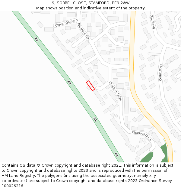 9, SORREL CLOSE, STAMFORD, PE9 2WW: Location map and indicative extent of plot