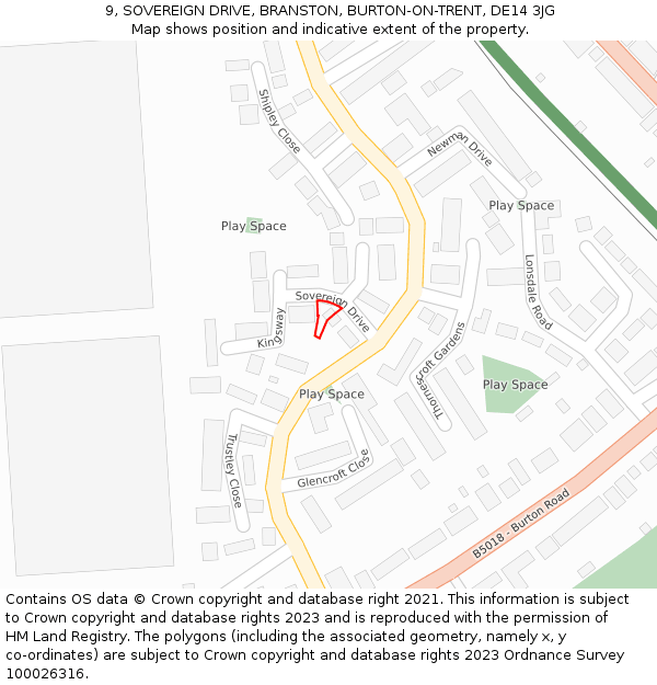 9, SOVEREIGN DRIVE, BRANSTON, BURTON-ON-TRENT, DE14 3JG: Location map and indicative extent of plot