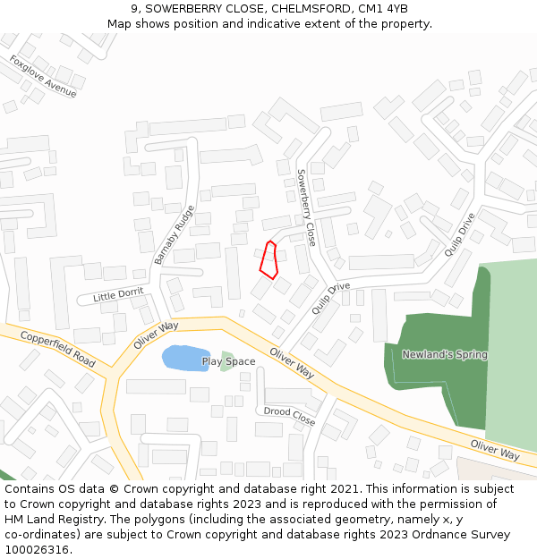 9, SOWERBERRY CLOSE, CHELMSFORD, CM1 4YB: Location map and indicative extent of plot