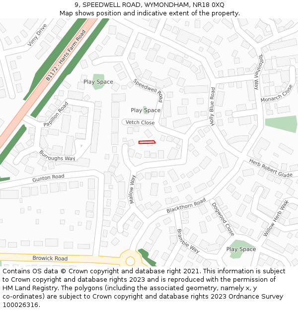 9, SPEEDWELL ROAD, WYMONDHAM, NR18 0XQ: Location map and indicative extent of plot