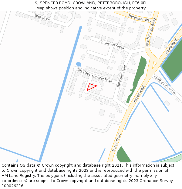 9, SPENCER ROAD, CROWLAND, PETERBOROUGH, PE6 0FL: Location map and indicative extent of plot