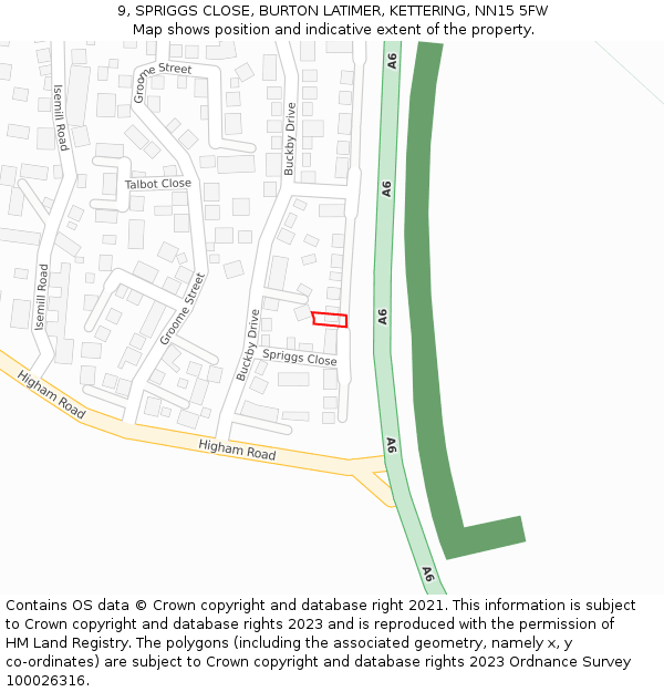 9, SPRIGGS CLOSE, BURTON LATIMER, KETTERING, NN15 5FW: Location map and indicative extent of plot