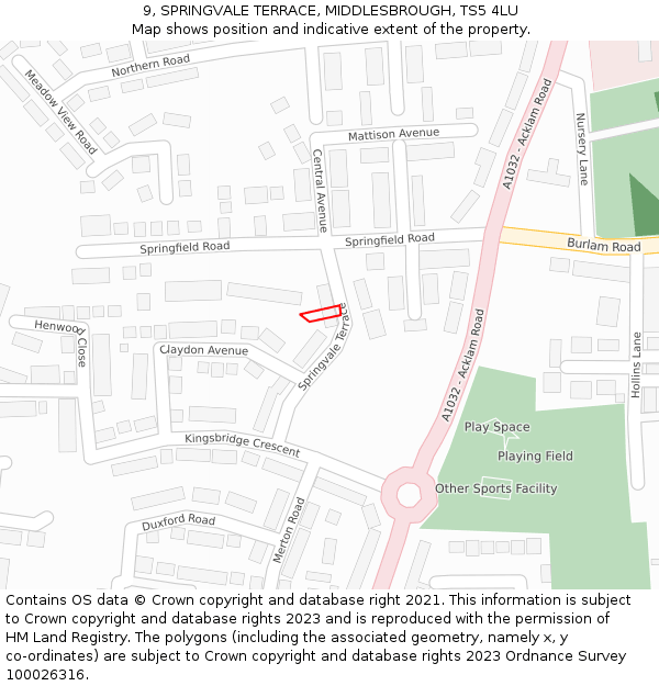 9, SPRINGVALE TERRACE, MIDDLESBROUGH, TS5 4LU: Location map and indicative extent of plot