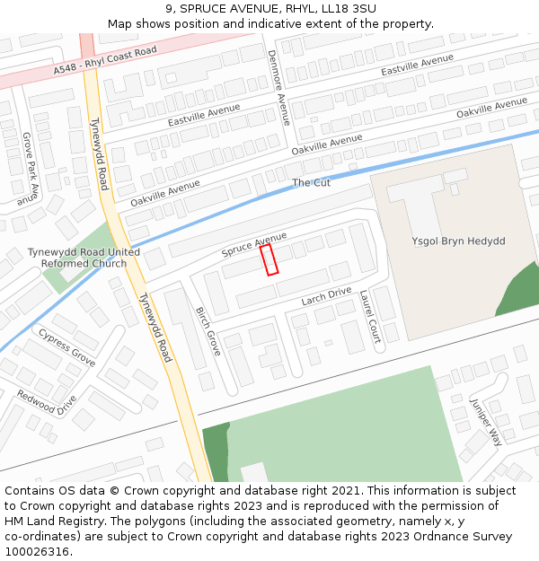 9, SPRUCE AVENUE, RHYL, LL18 3SU: Location map and indicative extent of plot