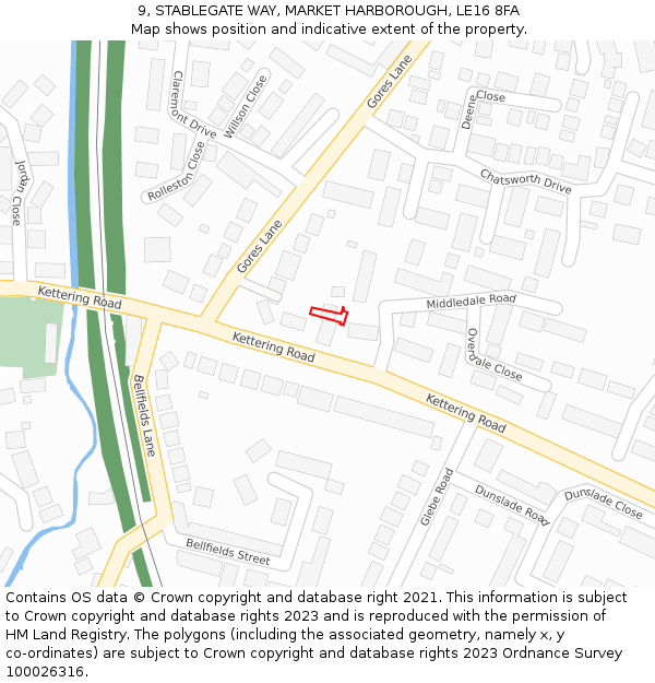 9, STABLEGATE WAY, MARKET HARBOROUGH, LE16 8FA: Location map and indicative extent of plot