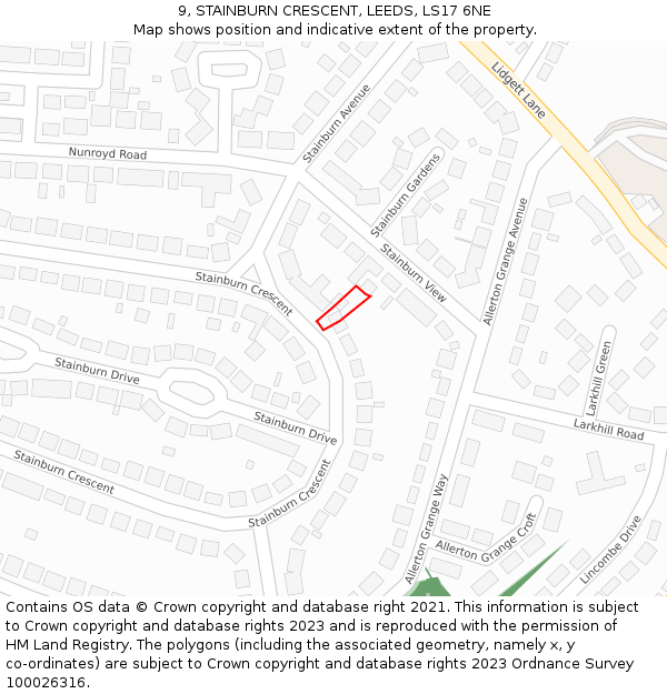 9, STAINBURN CRESCENT, LEEDS, LS17 6NE: Location map and indicative extent of plot