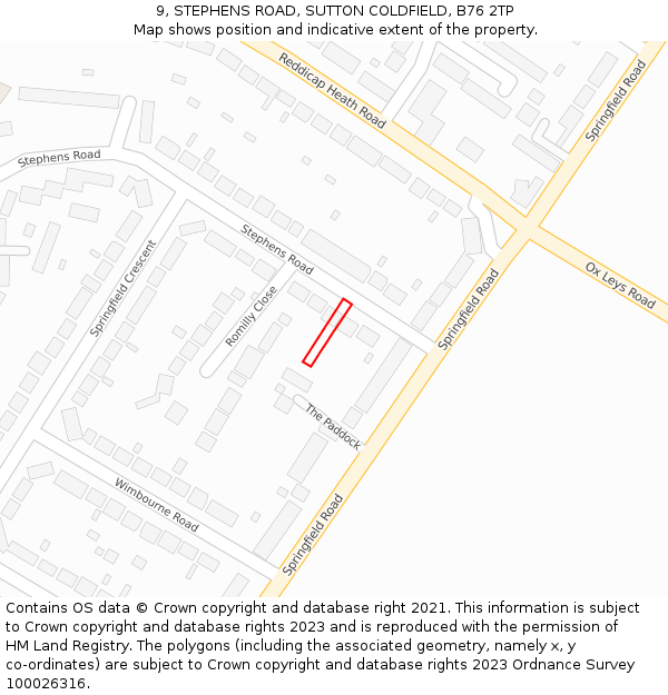 9, STEPHENS ROAD, SUTTON COLDFIELD, B76 2TP: Location map and indicative extent of plot