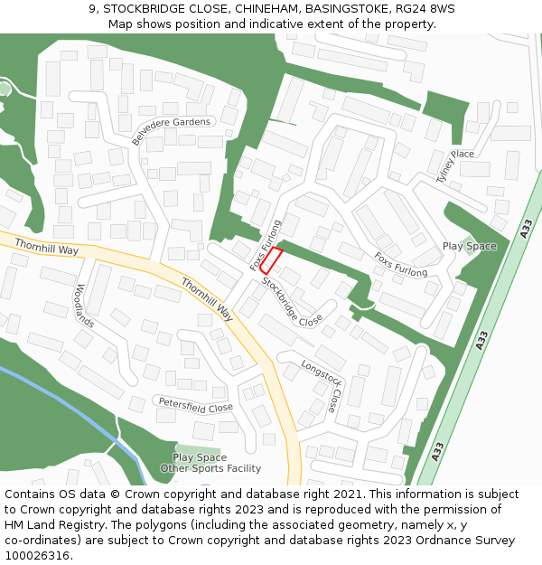 9, STOCKBRIDGE CLOSE, CHINEHAM, BASINGSTOKE, RG24 8WS: Location map and indicative extent of plot