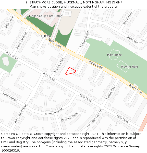 9, STRATHMORE CLOSE, HUCKNALL, NOTTINGHAM, NG15 6HF: Location map and indicative extent of plot