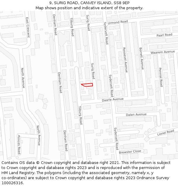 9, SURIG ROAD, CANVEY ISLAND, SS8 9EP: Location map and indicative extent of plot