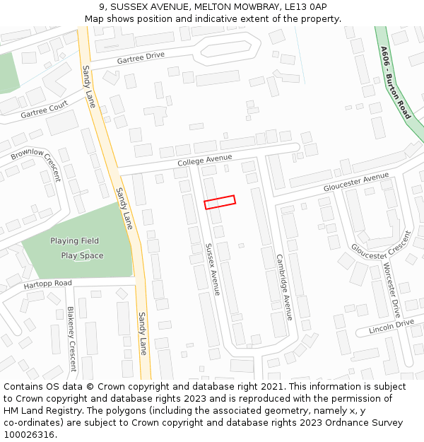 9, SUSSEX AVENUE, MELTON MOWBRAY, LE13 0AP: Location map and indicative extent of plot