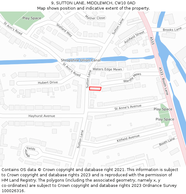 9, SUTTON LANE, MIDDLEWICH, CW10 0AD: Location map and indicative extent of plot