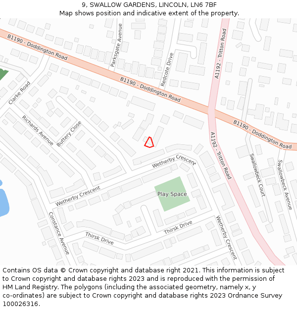 9, SWALLOW GARDENS, LINCOLN, LN6 7BF: Location map and indicative extent of plot