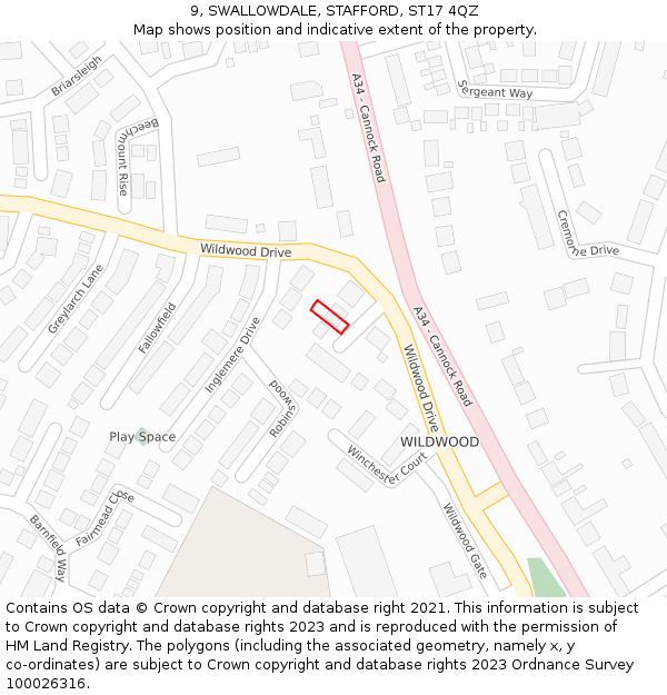 9, SWALLOWDALE, STAFFORD, ST17 4QZ: Location map and indicative extent of plot