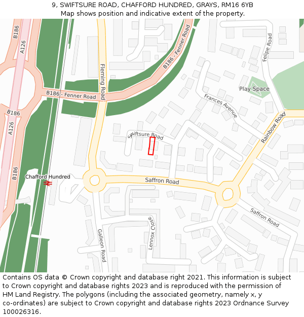 9, SWIFTSURE ROAD, CHAFFORD HUNDRED, GRAYS, RM16 6YB: Location map and indicative extent of plot