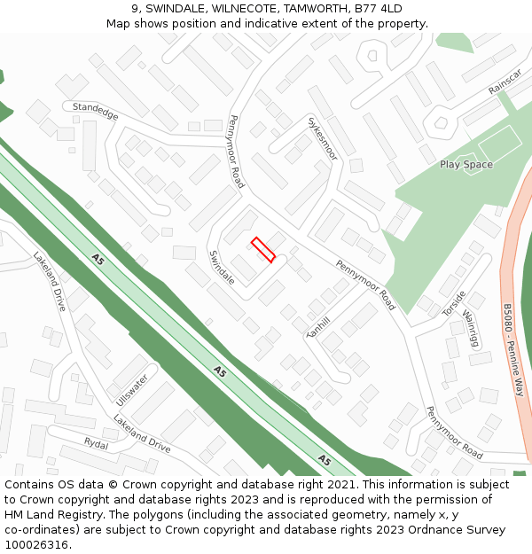 9, SWINDALE, WILNECOTE, TAMWORTH, B77 4LD: Location map and indicative extent of plot
