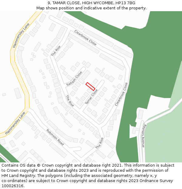 9, TAMAR CLOSE, HIGH WYCOMBE, HP13 7BG: Location map and indicative extent of plot