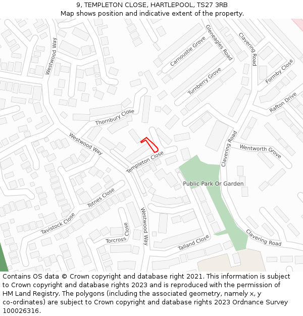 9, TEMPLETON CLOSE, HARTLEPOOL, TS27 3RB: Location map and indicative extent of plot