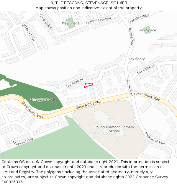 9, THE BEACONS, STEVENAGE, SG1 6EB: Location map and indicative extent of plot