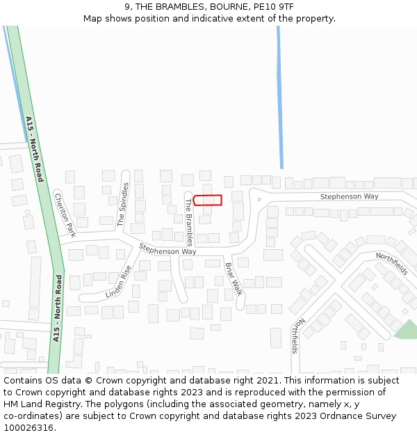 9, THE BRAMBLES, BOURNE, PE10 9TF: Location map and indicative extent of plot