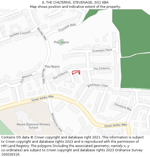 9, THE CHILTERNS, STEVENAGE, SG1 6BA: Location map and indicative extent of plot