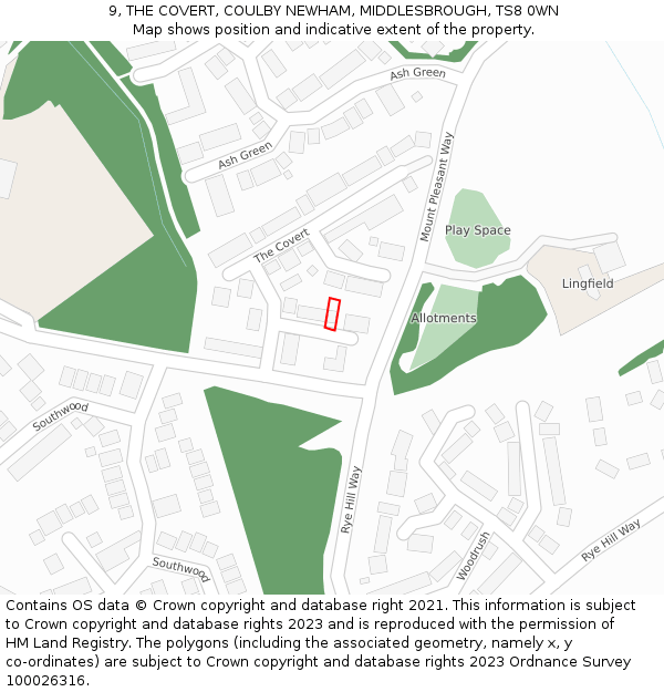 9, THE COVERT, COULBY NEWHAM, MIDDLESBROUGH, TS8 0WN: Location map and indicative extent of plot