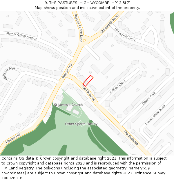 9, THE PASTURES, HIGH WYCOMBE, HP13 5LZ: Location map and indicative extent of plot