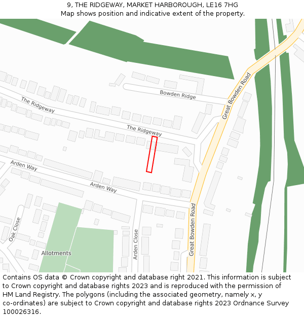 9, THE RIDGEWAY, MARKET HARBOROUGH, LE16 7HG: Location map and indicative extent of plot