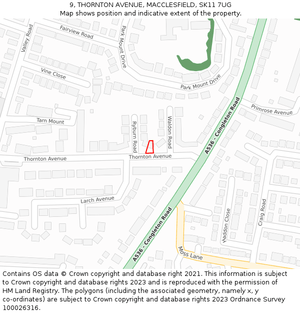 9, THORNTON AVENUE, MACCLESFIELD, SK11 7UG: Location map and indicative extent of plot