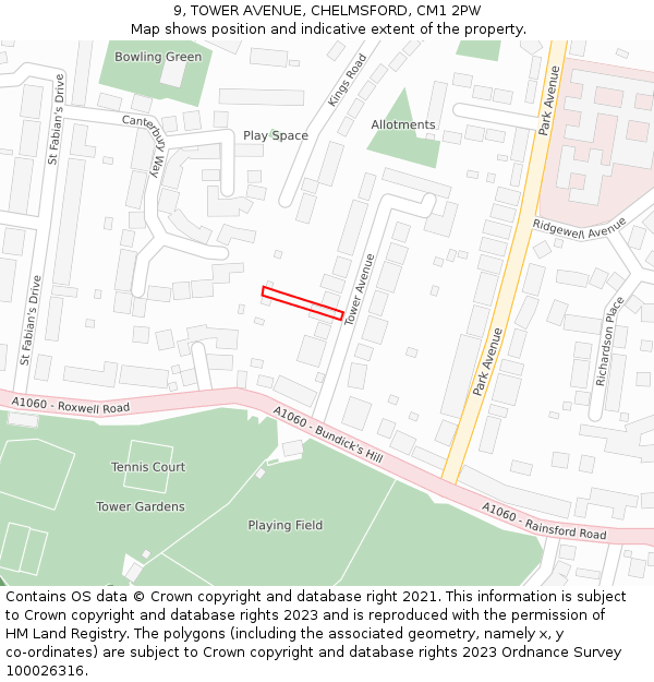 9, TOWER AVENUE, CHELMSFORD, CM1 2PW: Location map and indicative extent of plot