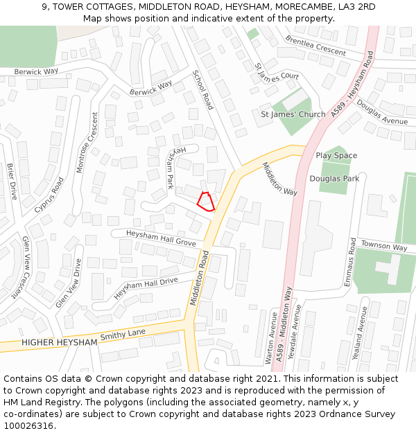 9, TOWER COTTAGES, MIDDLETON ROAD, HEYSHAM, MORECAMBE, LA3 2RD: Location map and indicative extent of plot