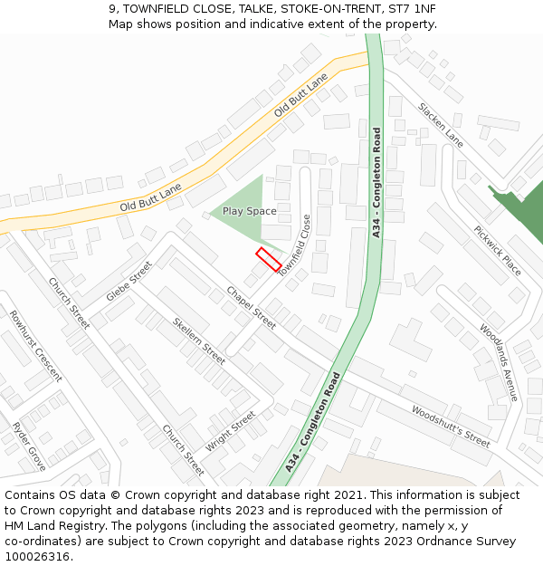 9, TOWNFIELD CLOSE, TALKE, STOKE-ON-TRENT, ST7 1NF: Location map and indicative extent of plot