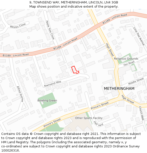 9, TOWNSEND WAY, METHERINGHAM, LINCOLN, LN4 3GB: Location map and indicative extent of plot