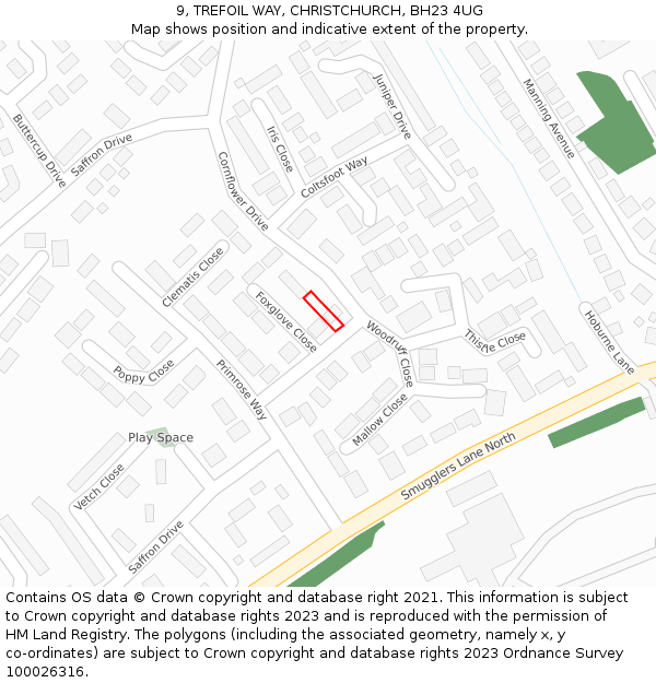 9, TREFOIL WAY, CHRISTCHURCH, BH23 4UG: Location map and indicative extent of plot