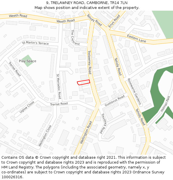9, TRELAWNEY ROAD, CAMBORNE, TR14 7LN: Location map and indicative extent of plot