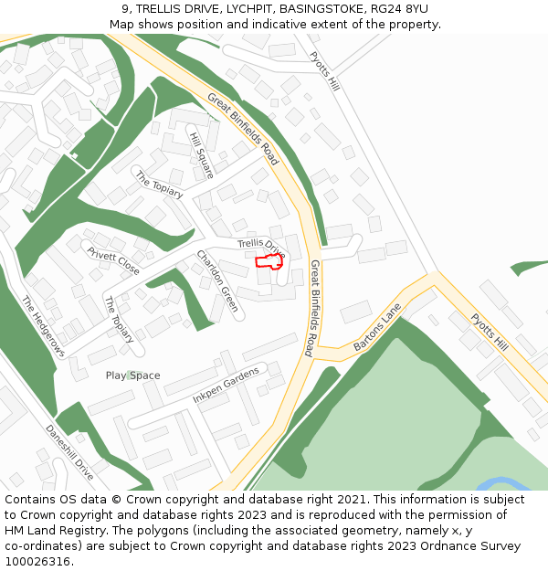 9, TRELLIS DRIVE, LYCHPIT, BASINGSTOKE, RG24 8YU: Location map and indicative extent of plot