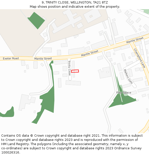 9, TRINITY CLOSE, WELLINGTON, TA21 8TZ: Location map and indicative extent of plot