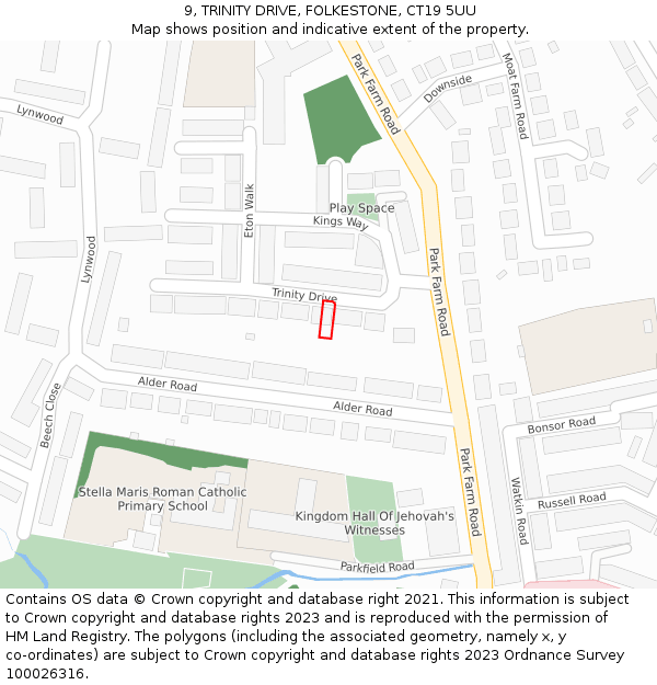 9, TRINITY DRIVE, FOLKESTONE, CT19 5UU: Location map and indicative extent of plot