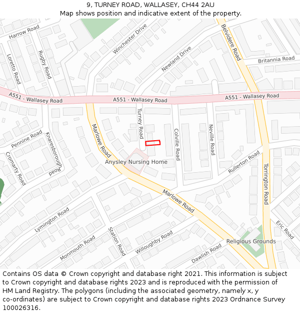 9, TURNEY ROAD, WALLASEY, CH44 2AU: Location map and indicative extent of plot