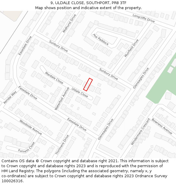 9, ULDALE CLOSE, SOUTHPORT, PR8 3TF: Location map and indicative extent of plot