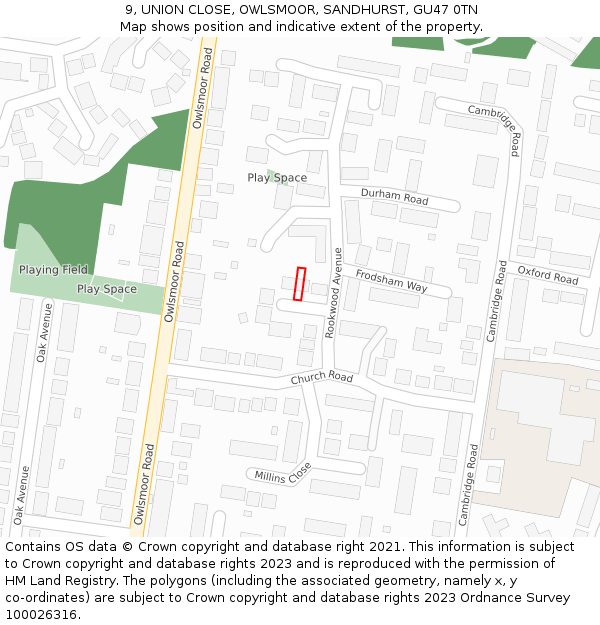 9, UNION CLOSE, OWLSMOOR, SANDHURST, GU47 0TN: Location map and indicative extent of plot