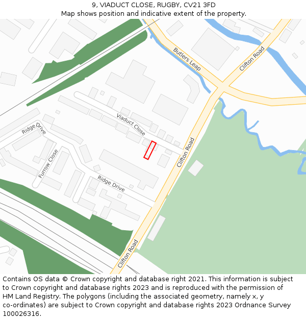 9, VIADUCT CLOSE, RUGBY, CV21 3FD: Location map and indicative extent of plot